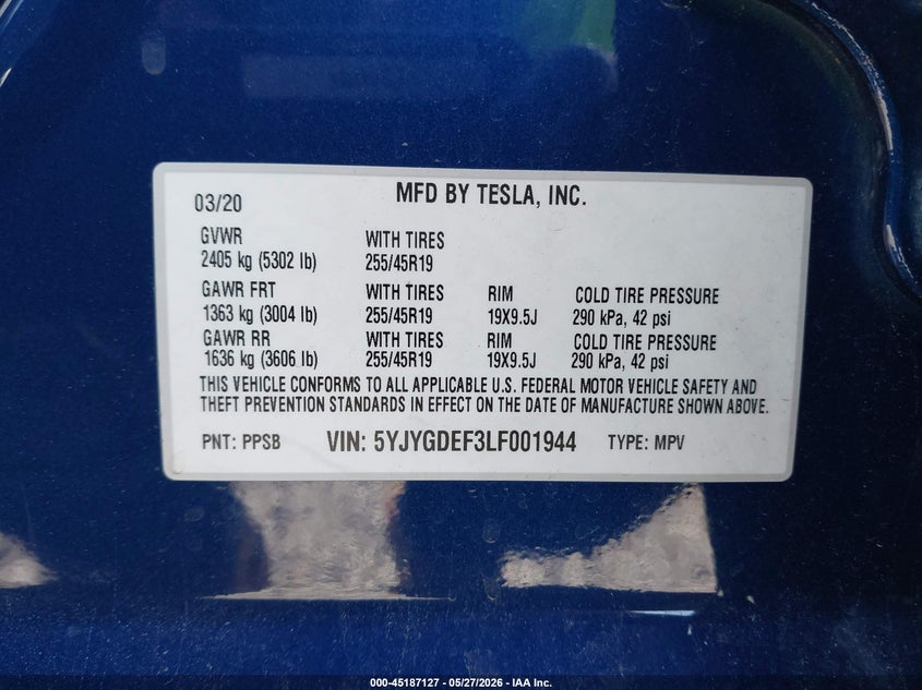 2020 Tesla Model y VIN 5YJYGDEF3LF001944 IAAI salvage auction — RIGHT SIDE, Bill Of Sale (Washington), sold $6,100 on 2026-07-22 (photo 9)