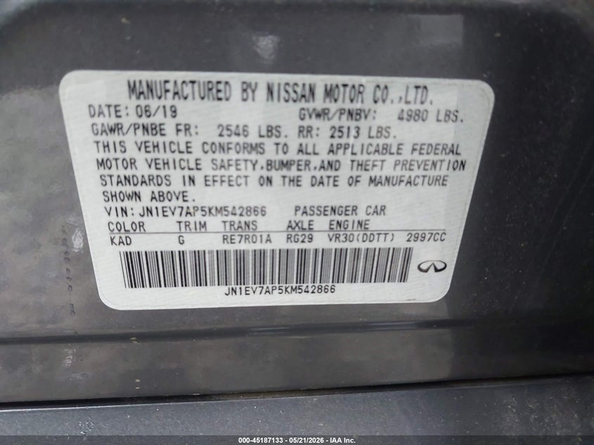 2019 Infiniti Q50 VIN JN1EV7AP5KM542866 IAAI salvage auction — FRONT END, Salvage (Georgia), sold $550 on 2026-07-28 (photo 9)