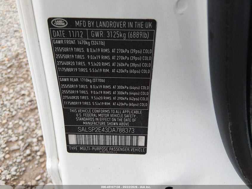 2013 Land rover Range rover sport VIN SALSP2E43DA788373 IAAI salvage auction — FRONT END, Salvage (Louisiana), sold $3,000 on 2026-07-10 (photo 9)