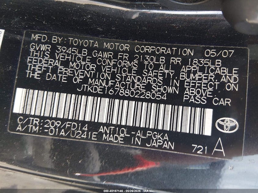 2008 Scion Tc VIN JTKDE167880228054 IAAI salvage auction — REAR END, Salvage (Louisiana), sold $175 on 2026-07-14 (photo 9)