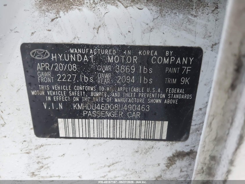 2008 Hyundai Elantra VIN KMHDU46D08U490463 IAAI salvage auction — FRONT END, Salvage (Texas), sold $200 on 2026-07-07 (photo 9)