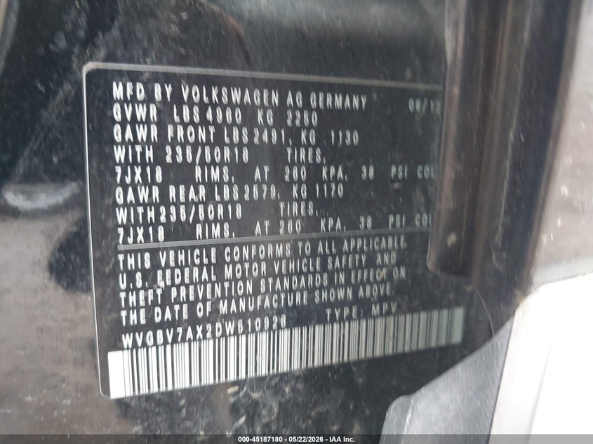 2013 Volkswagen Tiguan VIN WVGBV7AX2DW510928 IAAI salvage auction — FRONT END, Prior Salvage (Minnesota), sold $500 on 2026-07-20 (photo 9)