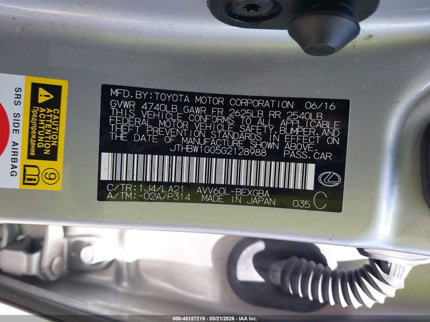 2016 Lexus ES VIN JTHBW1GG5G2128988 IAAI salvage auction — SIDE, Bill Of Sale (Washington), sold $7,700 on 2026-07-16 (photo 9)