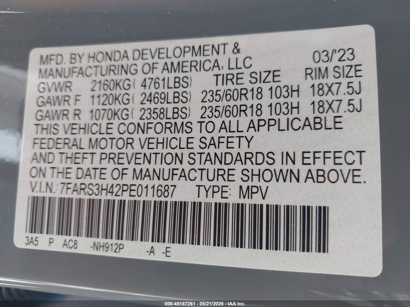 2023 Honda Cr-v VIN 7FARS3H42PE011687 IAAI salvage auction — RIGHT REAR, Rebuildable (Florida), sold $7,200 on 2026-07-23 (photo 9)