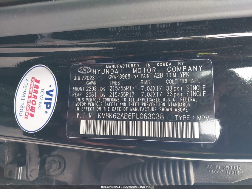 2023 Hyundai Kona VIN KM8K62AB6PU063038 IAAI salvage auction — FRONT END, Salvage (Illinois), sold $2,700 on 2026-07-11 (photo 9)