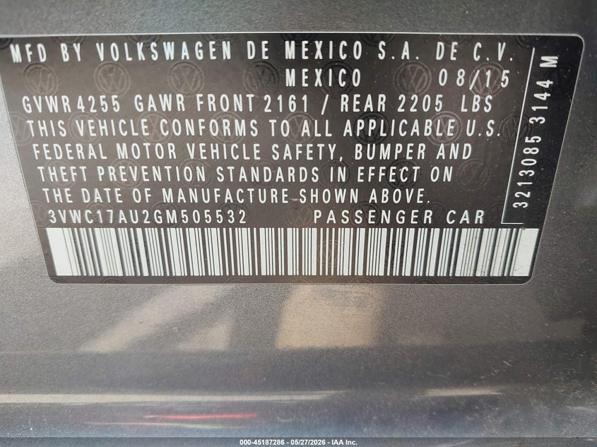 2016 Volkswagen Golf sportsvan VIN 3VWC17AU2GM505532 IAAI salvage auction — REAR END, Salvage Title, sold $1,050 on 2026-07-09 (photo 9)