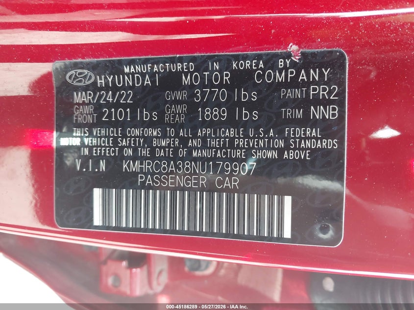 2022 Hyundai Venue VIN KMHRC8A38NU179907 IAAI salvage auction — REAR END, Salvage Title, sold $2,750 on 2026-07-28 (photo 9)