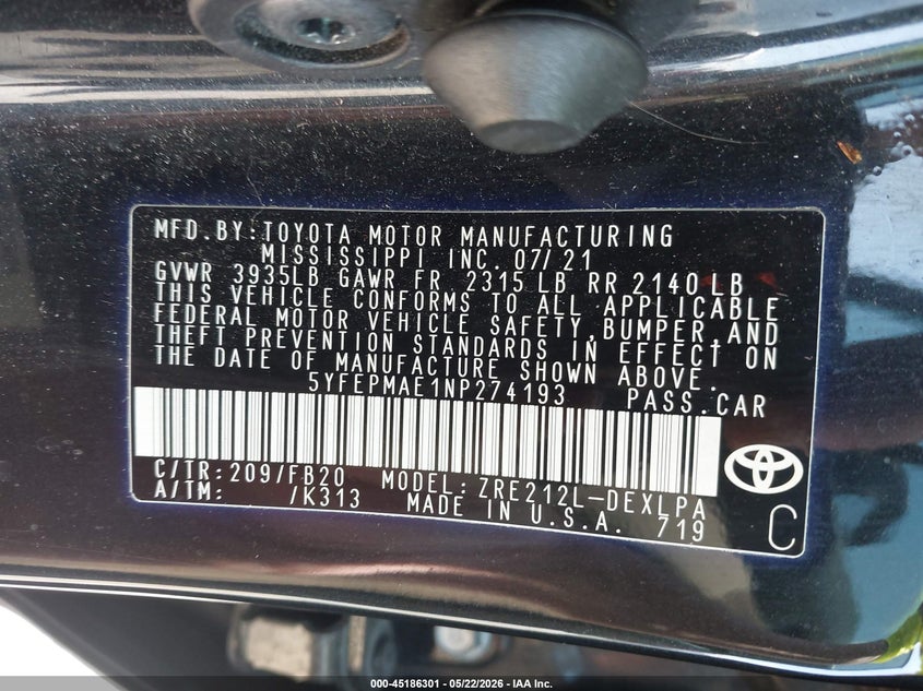 2022 Toyota Corolla VIN 5YFEPMAE1NP274193 IAAI salvage auction — SIDE, Original (Texas), sold $7,175 on 2026-07-23 (photo 9)