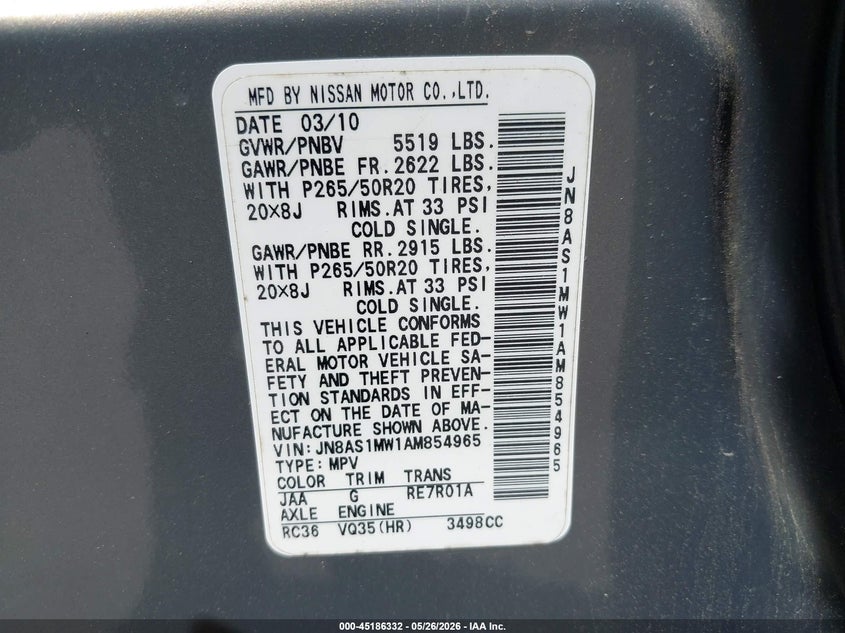 2010 Infiniti Fx35 VIN JN8AS1MW1AM854965 IAAI salvage auction — REAR END, Mv-907A (New York), sold $675 on 2026-07-11 (photo 9)