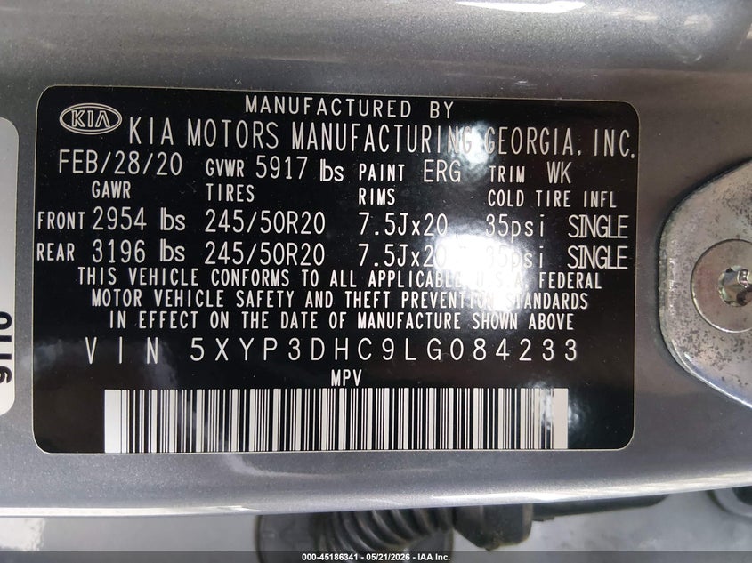 2020 Kia Telluride VIN 5XYP3DHC9LG084233 IAAI salvage auction — FRONT & REAR, Salvage (Georgia), sold $2,400 on 2026-07-13 (photo 9)