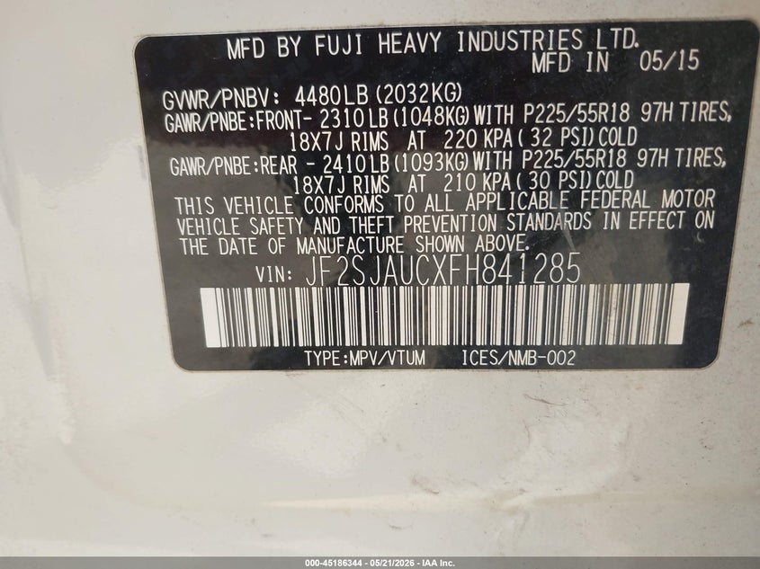 2015 Subaru Forester VIN JF2SJAUCXFH841285 IAAI salvage auction — NORMAL WEAR, Clear-Dealer Only (Washington), sold $275 on 2026-07-28 (photo 9)
