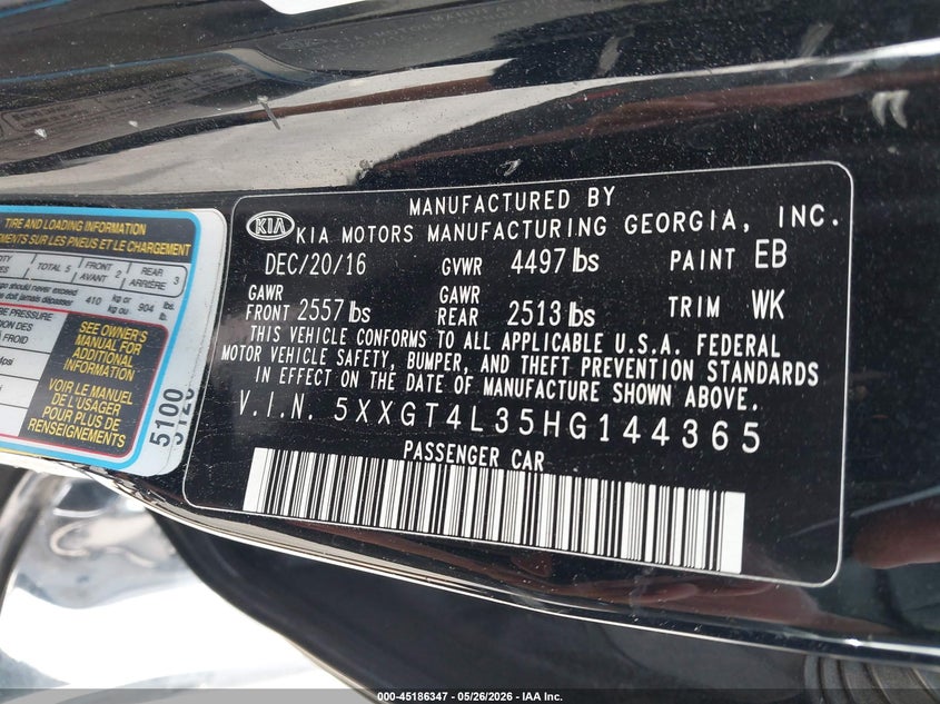 2017 Kia Optima VIN 5XXGT4L35HG144365 IAAI salvage auction — LEFT SIDE, Rebuildable (Florida), sold $1,100 on 2026-07-29 (photo 9)