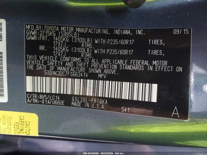 2015 Toyota Sienna VIN 5TDYK3DC7FS663414 IAAI salvage auction — FRONT END, Salvage - Greater Than 75% (Maryland), sold $2,500 on 2026-07-28 (photo 9)