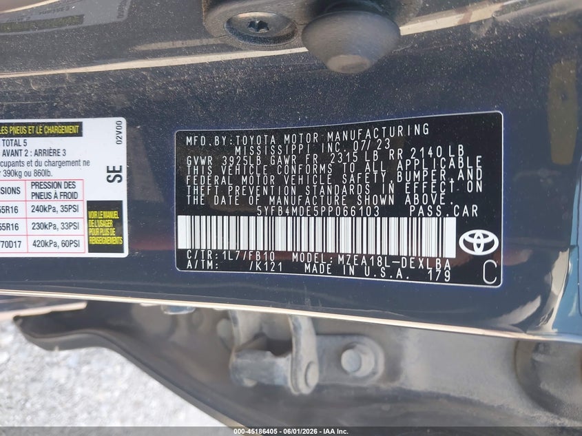 2023 Toyota Corolla VIN 5YFB4MDE5PP066103 IAAI salvage auction — HAIL, Salvage Title, sold $8,825 on 2026-07-13 (photo 9)