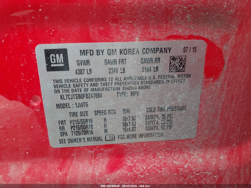 2015 Chevrolet Trax VIN KL7CJTSB0FB247684 IAAI salvage auction — FRONT END, Salvage (Ohio), sold $725 on 2026-07-07 (photo 9)
