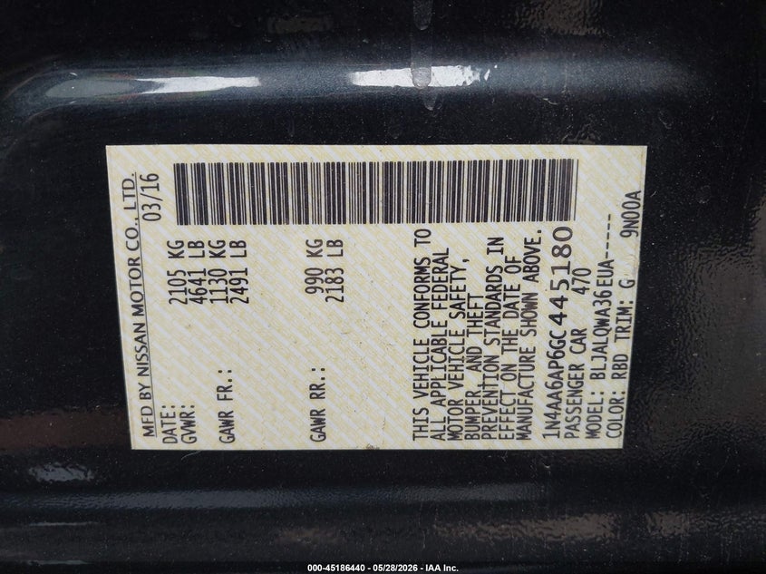 2016 Nissan Maxima VIN 1N4AA6AP6GC445180 IAAI salvage auction — REAR END, Salvage Title, sold $3,300 on 2026-07-28 (photo 9)