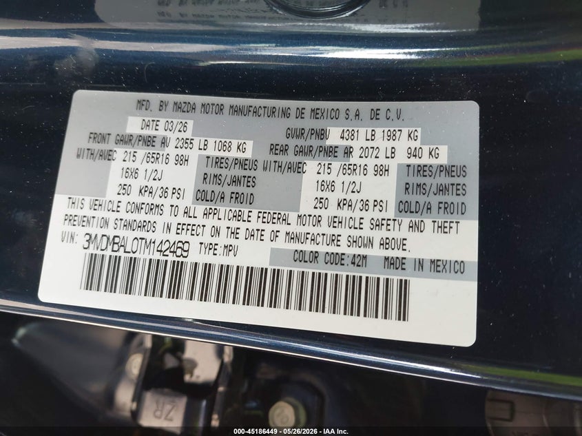 2026 Mazda Cx-30 VIN 3MVDMBAL0TM142469 IAAI salvage auction — RIGHT REAR, Salvage Title, sold $7,450 on 2026-08-29 (photo 9)