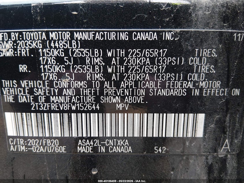 2015 Toyota VIN 2T3ZFREV8FW152644 IAAI salvage auction — SIDE, Original (Texas), sold $3,500 on 2026-07-20 (photo 9)