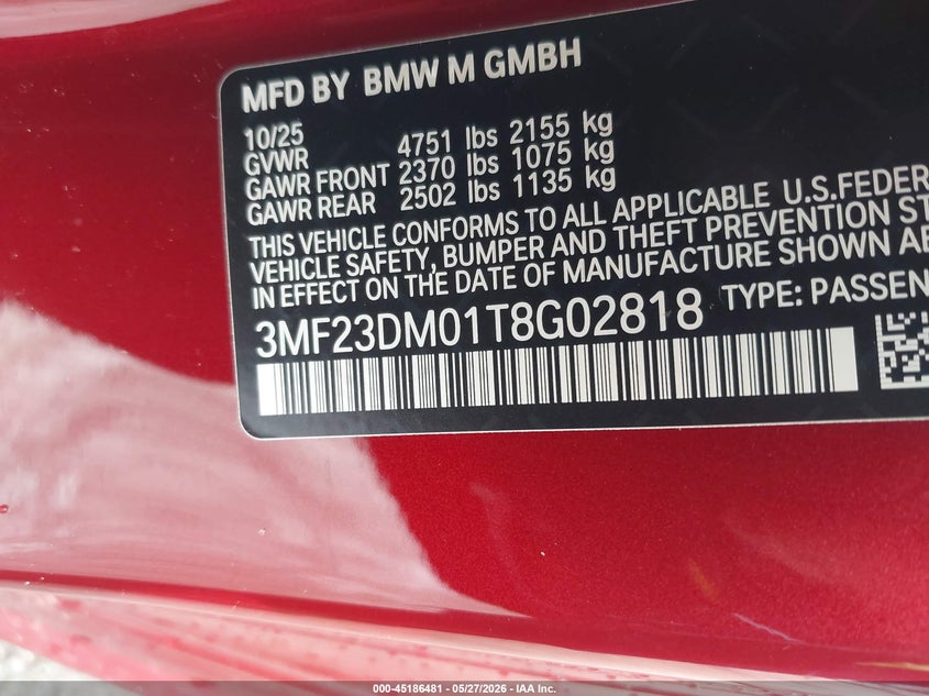2026 BMW M2 VIN 3MF23DM01T8G02818 IAAI salvage auction — FRONT & REAR, Salvage Title, sold $20,200 on 2026-07-09 (photo 9)