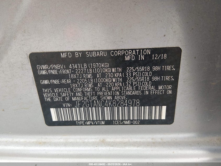 2019 Subaru Xv VIN JF2GTANC4K8284978 IAAI salvage auction — REAR END, Salvage (Alabama), sold $5,100 on 2026-07-20 (photo 9)