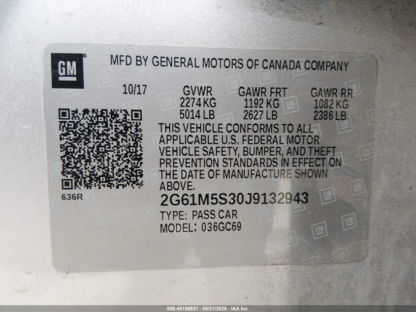 2018 Cadillac Xts VIN 2G61M5S30J9132943 IAAI salvage auction — FRONT & REAR, Salvage Title, sold $1,450 on 2026-08-28 (photo 9)