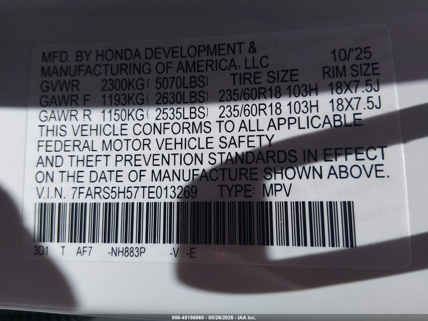 2026 Honda Cr-v VIN 7FARS5H57TE013269 IAAI salvage auction — REAR END, Salvage Title, sold $15,600 on 2026-07-17 (photo 9)