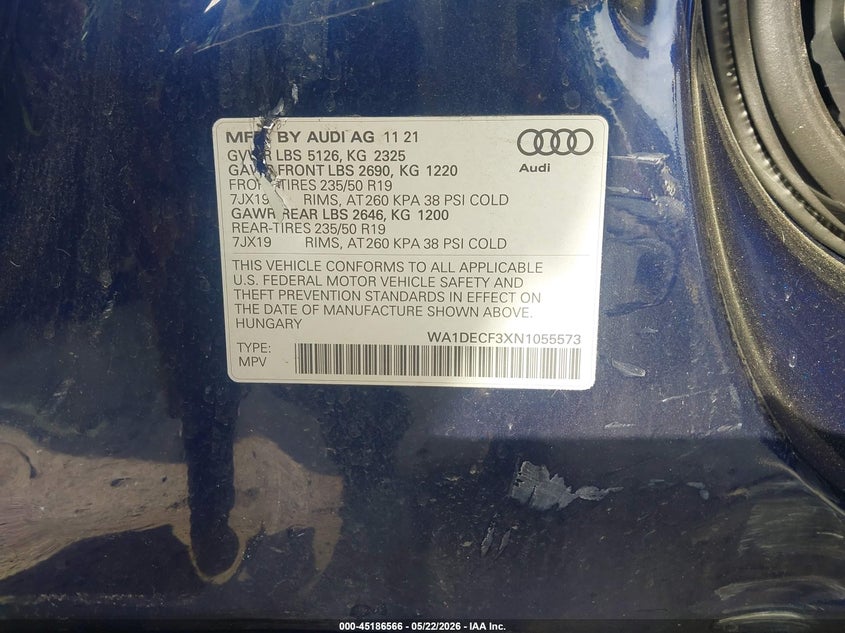 2022 Audi Q3 VIN WA1DECF3XN1055573 IAAI salvage auction — LEFT SIDE, Salvage (Pennsylvania), sold $10,250 on 2026-07-24 (photo 9)