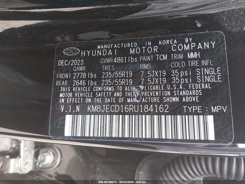 2024 Hyundai Tucson VIN KM8JECD16RU184162 IAAI salvage auction — FRONT END, Salvage Title, sold $5,700 on 2026-08-02 (photo 9)
