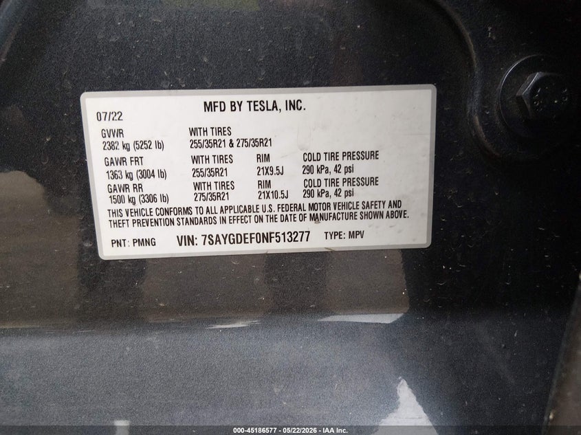 2022 Tesla Model y VIN 7SAYGDEF0NF513277 IAAI salvage auction — RIGHT FRONT, Salvage (Ohio), sold $9,100 on 2026-07-30 (photo 9)