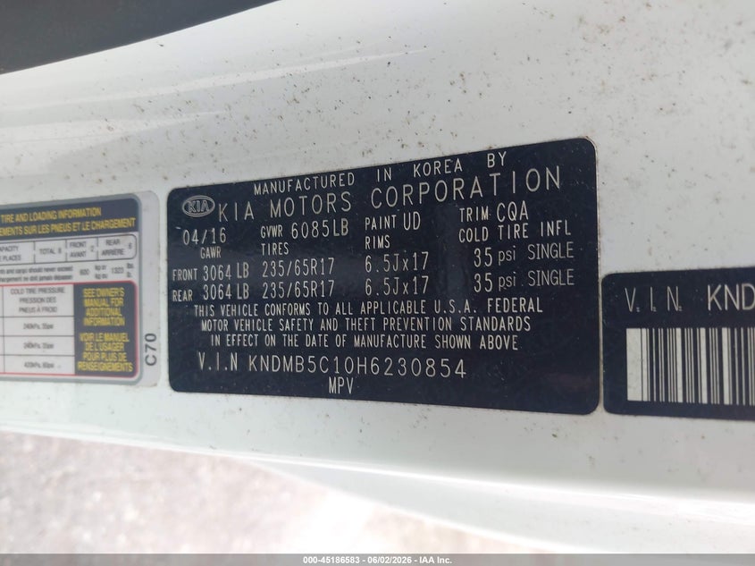 2017 Kia SEDONA VIN KNDMB5C10H6230854 IAAI salvage auction — FRONT END, Original (Texas), sold $3,050 on 2026-07-08 (photo 9)