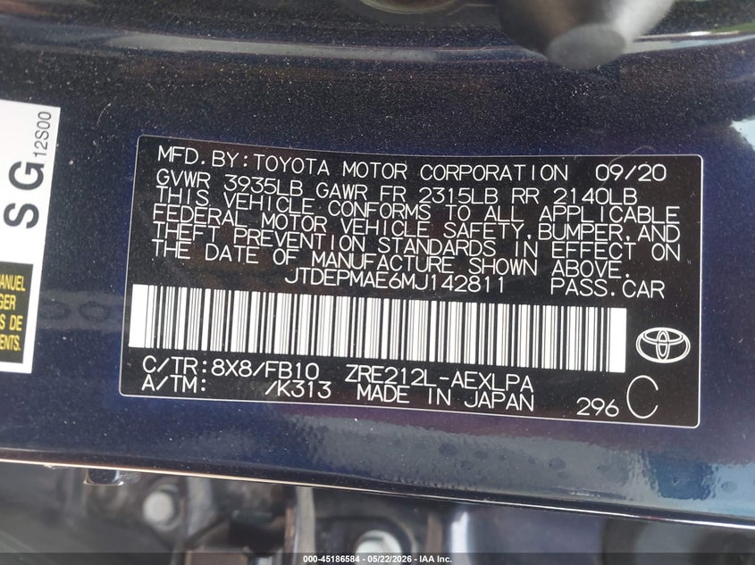 2021 Toyota Corolla VIN JTDEPMAE6MJ142811 IAAI salvage auction — FRONT & REAR, Salvage (Texas), sold $1,350 on 2026-07-14 (photo 9)
