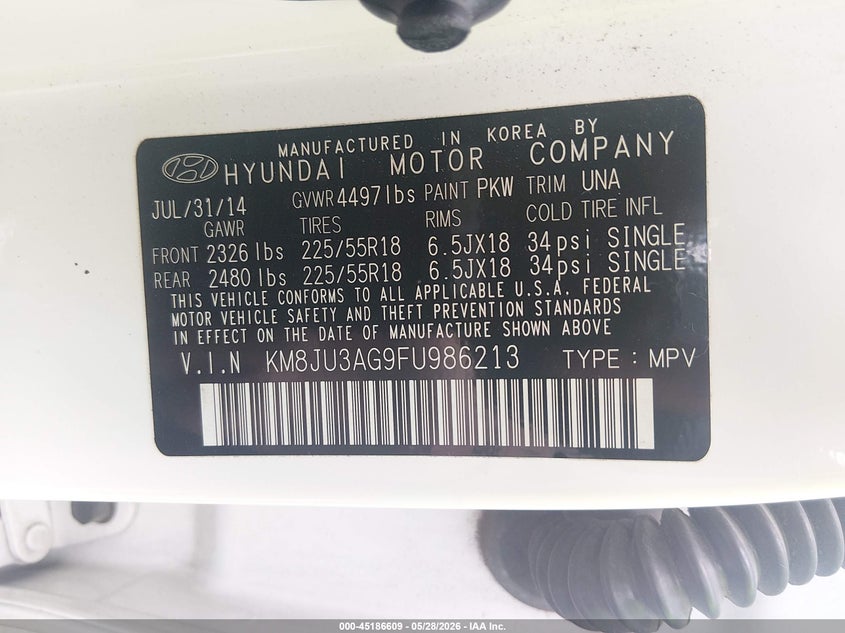 2015 Hyundai Tucson VIN KM8JU3AG9FU986213 IAAI salvage auction — ROOF, Salvage (Mississippi), sold $1,850 on 2026-07-30 (photo 9)