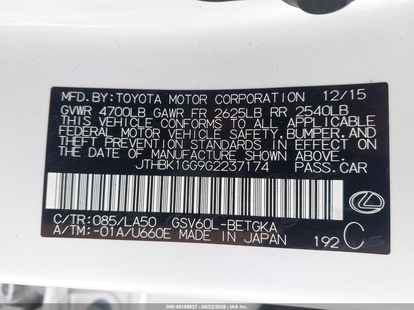 2016 Lexus ES VIN JTHBK1GG9G2237174 IAAI salvage auction — FRONT & REAR, Salvage (Georgia), sold $4,325 on 2026-07-29 (photo 9)