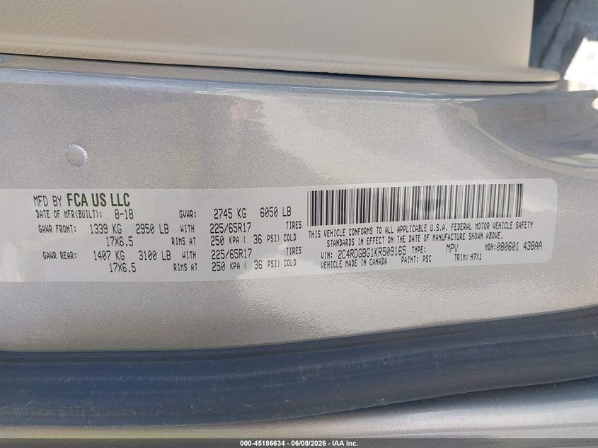 2019 Dodge Grand caravan VIN 2C4RDGBG1KR509165 IAAI salvage auction — NORMAL WEAR, Sf97 (New Hampshire), sold $6,100 on 2026-07-23 (photo 9)