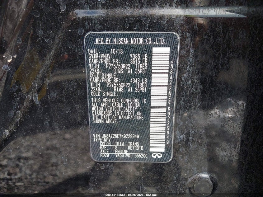 2019 Infiniti Qx80 VIN JN8AZ2NE7K9229949 IAAI salvage auction — SIDE, Salvage (Missouri), sold $3,900 on 2026-09-05 (photo 9)