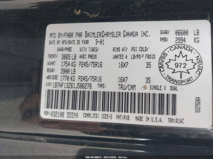 2001 Dodge Ram 1500 VIN 1B7HF13Z61J586278 IAAI salvage auction — HAIL, Prior Salvage (Minnesota), sold $1,200 on 2026-07-09 (photo 9)