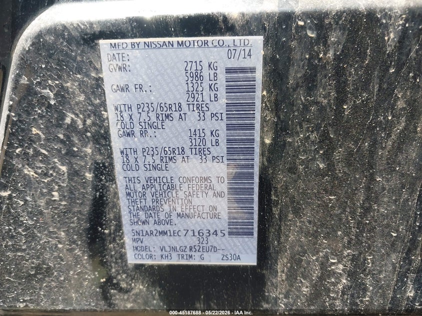 2014 Nissan Pathfinder VIN 5N1AR2MM1EC716345 IAAI salvage auction — FRONT END, Clear (Wisconsin), sold $1,050 on 2026-07-09 (photo 9)