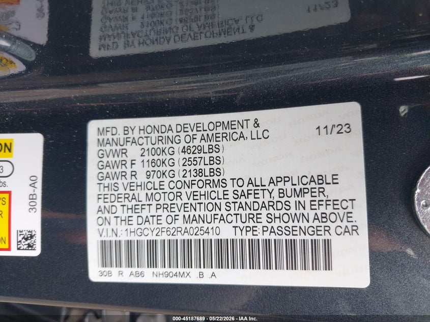 2024 Honda Accord VIN 1HGCY2F62RA025410 IAAI salvage auction — HAIL, Salvage (Kansas), sold $8,900 on 2026-07-29 (photo 9)