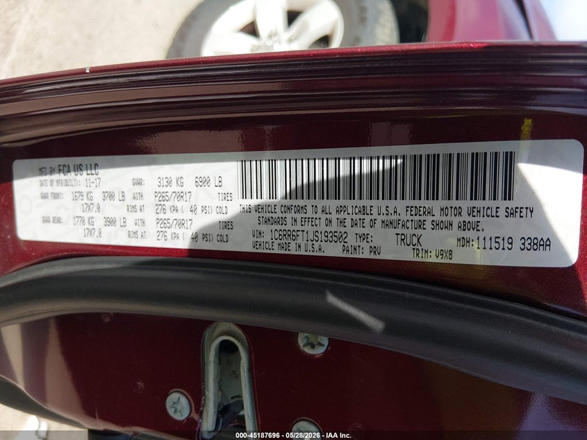 2018 Ram 1500 VIN 1C6RR6FT1JS193502 IAAI salvage auction — FRONT END, Salvage Title, sold $3,350 on 2026-07-28 (photo 9)