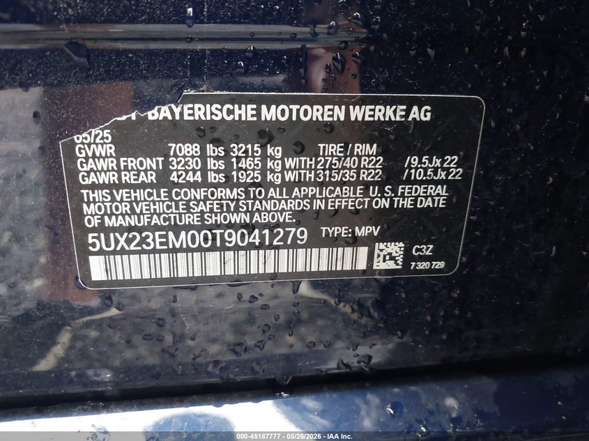 2026 BMW X7 VIN 5UX23EM00T9041279 IAAI salvage auction — FRONT & REAR, Salvage (North Carolina), sold $15,000 on 2026-07-17 (photo 9)