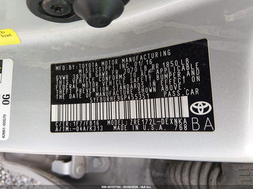 2016 Toyota Corolla VIN 5YFBURHE9GP455351 IAAI salvage auction — LEFT REAR, Salvage (Louisiana), sold $3,000 on 2026-07-15 (photo 9)