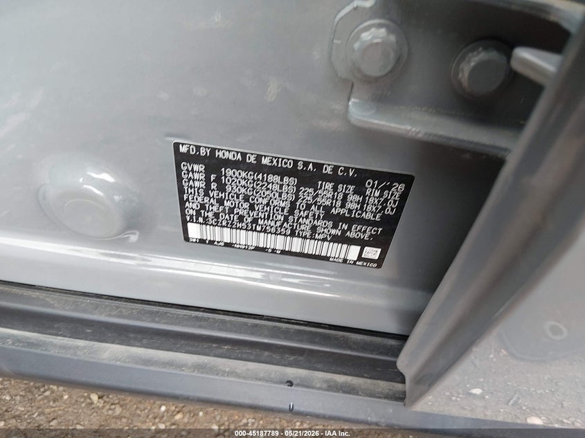 2026 Honda Hr-v VIN 3CZRZ2H53TM756359 IAAI salvage auction — REAR END, Clear (Tennessee), sold $15,100 on 2026-08-01 (photo 9)