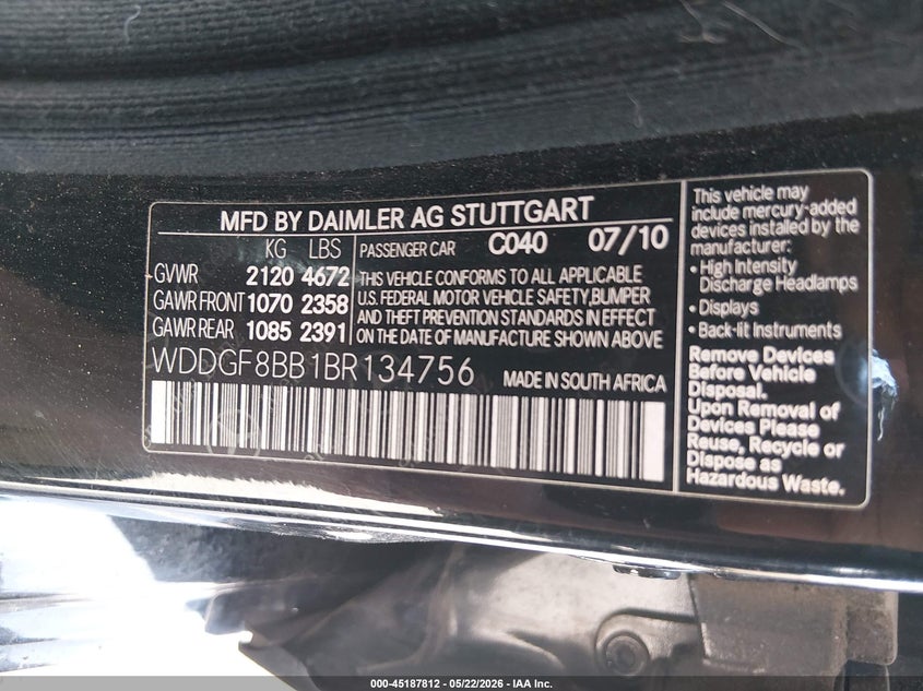 2011 Mercedes-benz C class VIN WDDGF8BB1BR134756 IAAI salvage auction — LEFT FRONT, Salvage (Colorado), sold $400 on 2026-08-04 (photo 9)