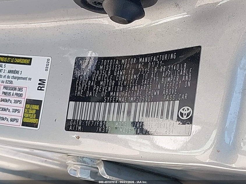 2021 Toyota Corolla VIN 5YFEPMAE1MP205907 IAAI salvage auction — FRONT END, Salvage (Indiana), sold $2,750 on 2026-07-08 (photo 9)