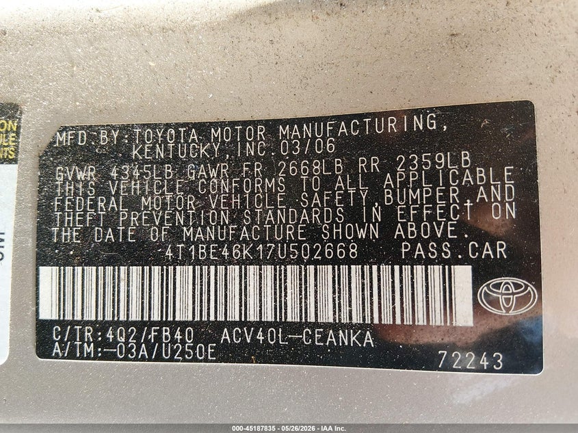 2007 Toyota Camry VIN 4T1BE46K17U502668 IAAI salvage auction — RIGHT FRONT, Salvage (Texas), sold $375 on 2026-07-27 (photo 9)