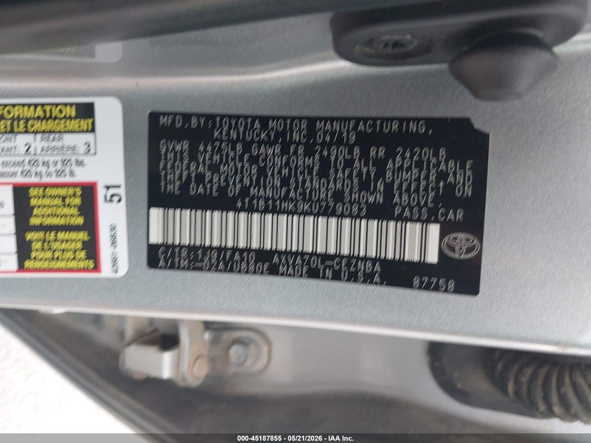 2019 Toyota Camry VIN 4T1B11HK9KU779083 IAAI salvage auction — HAIL, Salvage Title, sold $4,150 on 2026-08-03 (photo 9)