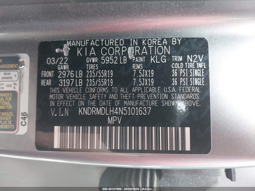 2022 Kia Sorento VIN KNDRMDLH4N5101637 IAAI salvage auction — RIGHT SIDE, Mv-907A (New York), sold $6,700 on 2026-07-30 (photo 9)