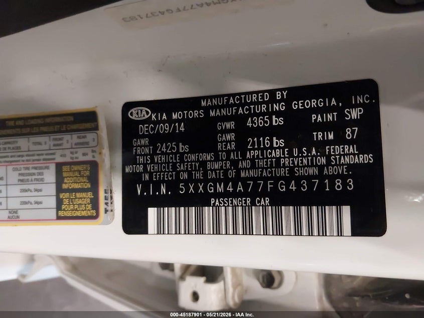 2015 Kia Optima VIN 5XXGM4A77FG437183 IAAI salvage auction — UNDERCARRIAGE, Salvage (Oregon), sold $1,100 on 2026-07-09 (photo 9)