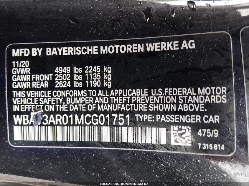 2021 BMW VIN WBA13AR01MCG01751 IAAI salvage auction — REAR END, Clear (Arkansas), sold $20,700 on 2026-07-15 (photo 9)