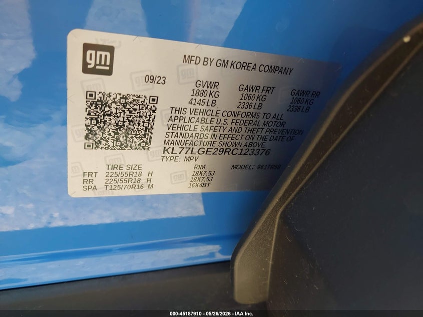 2024 Chevrolet Trax VIN KL77LGE29RC123376 IAAI salvage auction — REAR END, Mv-907A (New York), sold $5,725 on 2026-07-22 (photo 9)